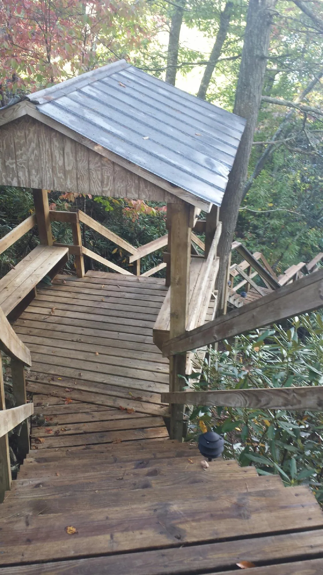 Metal roofed shelter over wooden steps on a wooded walkway — Skylight Repair & Installation work by our crew in Starr